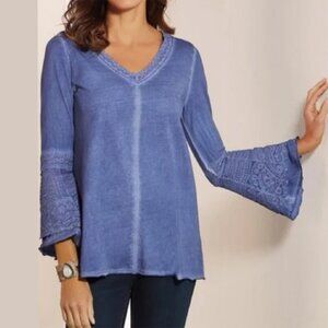 Boho 100% Cotton Soft Surroundings Blue Gray Lace Long Sleeve Top Raw Hem Sz S